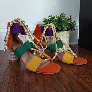 Color Block Lace-up Back Chunky Heels